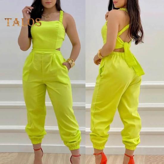 Women Jumpsuit Sleeveless Color Matching Printed Lace-up Bow Cross Back Pockets Ankle-banded Backless High Waist Lady Commute Party