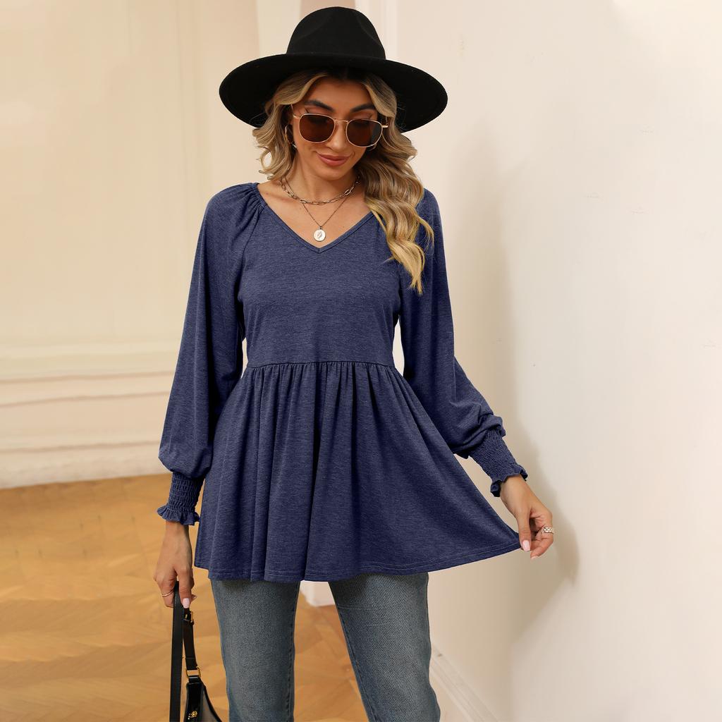 Women's Clothing Spring Autumn Tops V-neck T-shirt for Women Bubble Long Sleeve Elastic Waist Top