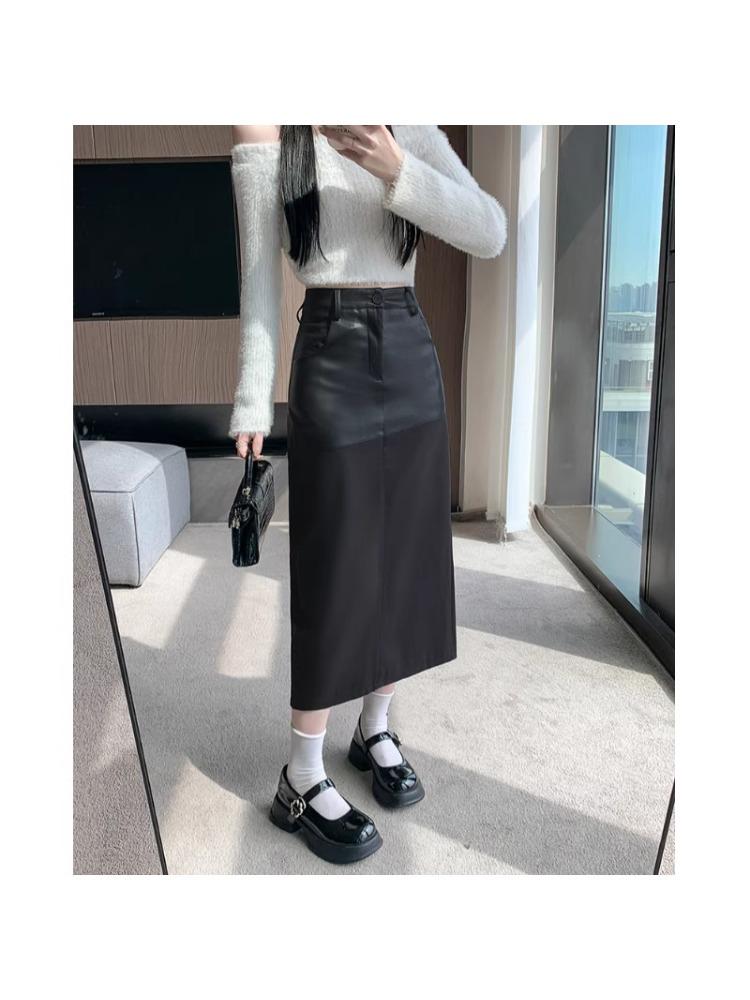 Elegant Women's Mid-Length Spliced Leather Skirt with Back Slit - High-Waist Autumn/Winter Pencil Skirt