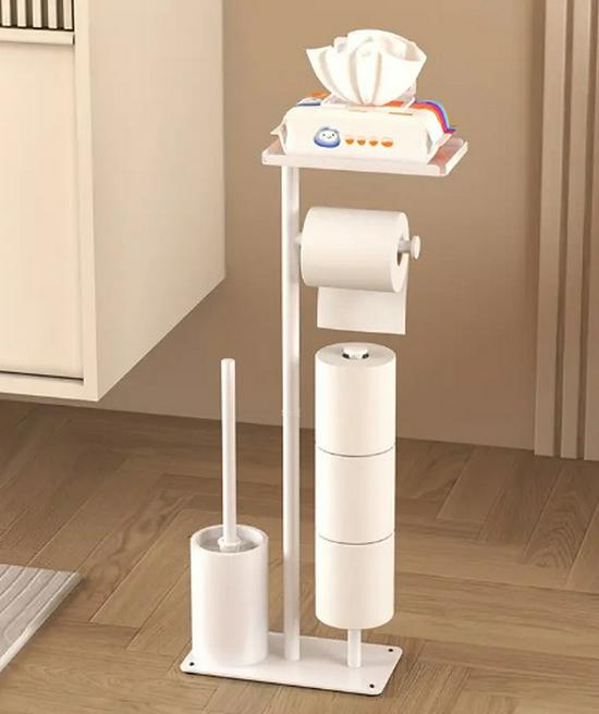 Floor-Standing Bathroom Tissue and Brush Holder with Vertical Storage Rack