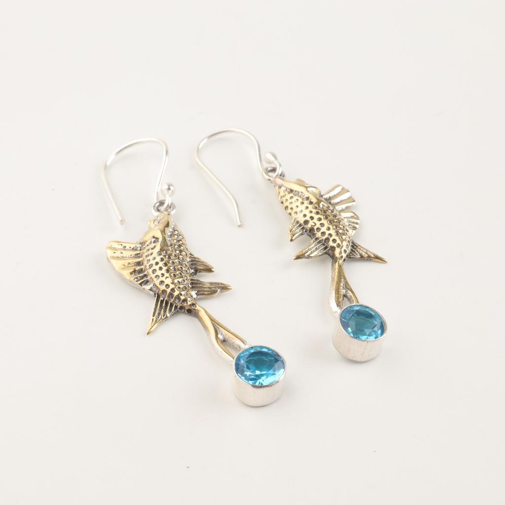 Swiss Blue Topaz Gemstone 925 Sterling Silver Jewelry Handmade Earrings 2.17" EE-148-18