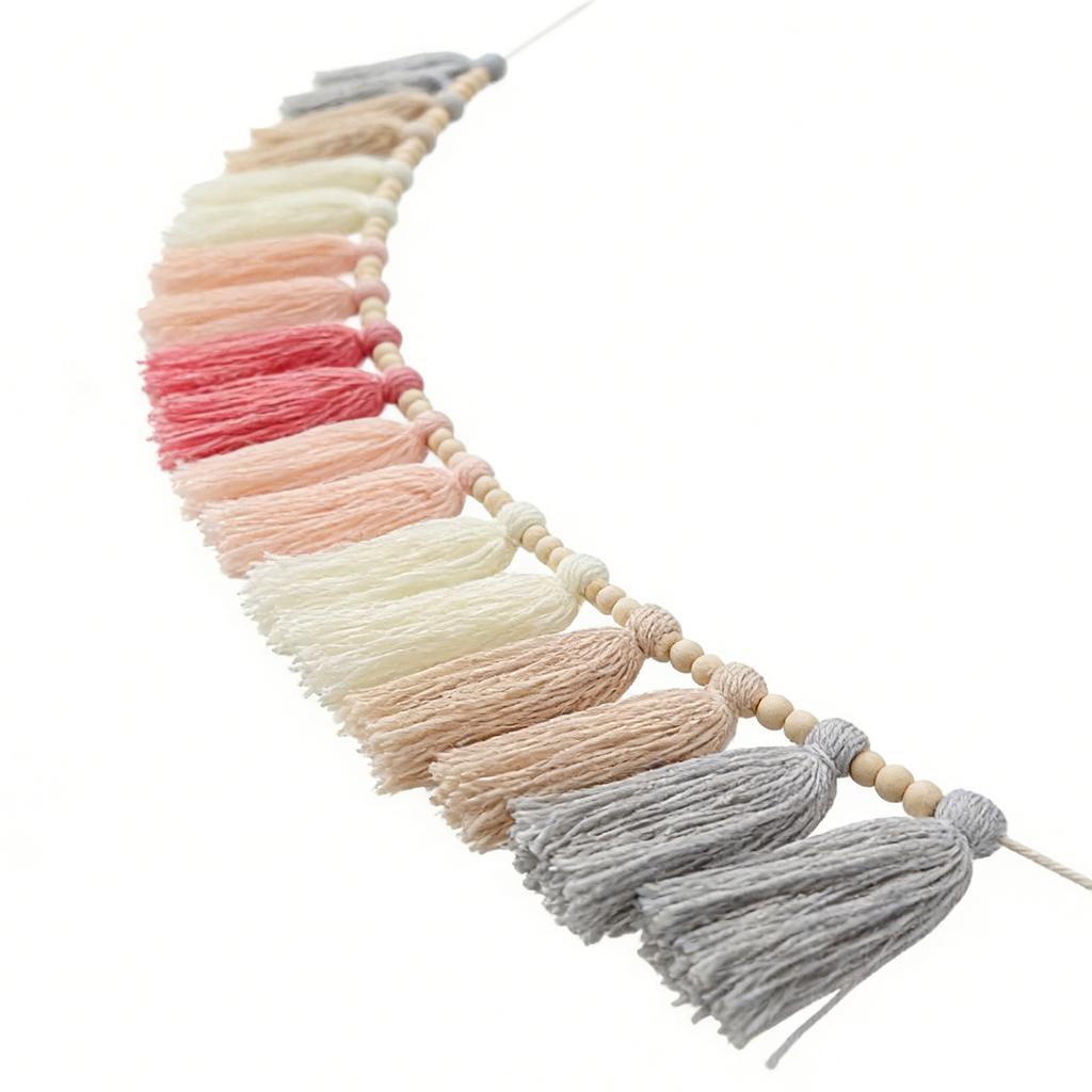 Boho Tassel Garland with Wood Beads Wall Hanging Tassel Banner for Classroom Bedroom Nursery Decoration Roseate