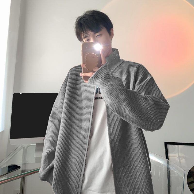 Zipper Stand Collar Cardigan Sweater Men In Autumn Winter Lazy Style Knitted Thickened Jacket