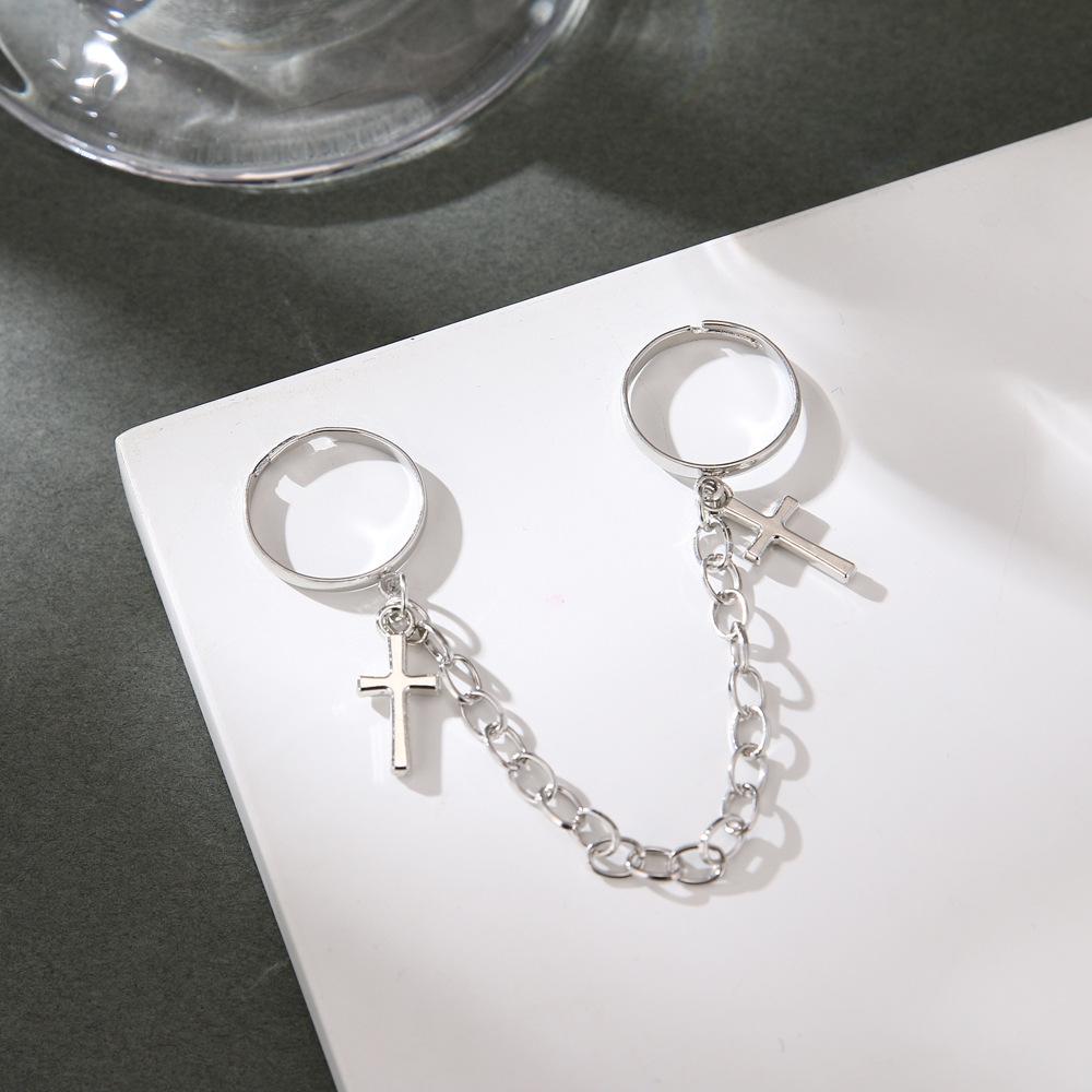 

Retro Chain Connected Cross Adjusted Open Ring For Women Punk Gothic Edgy Trendy Party Cosplay Accessories Unisex Gift resizable