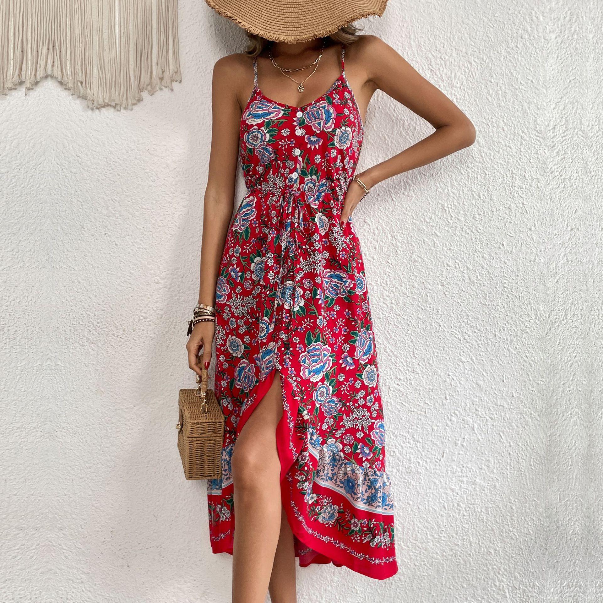 Summer new printed dress European and American bohemian suspender dress women S бордовый
