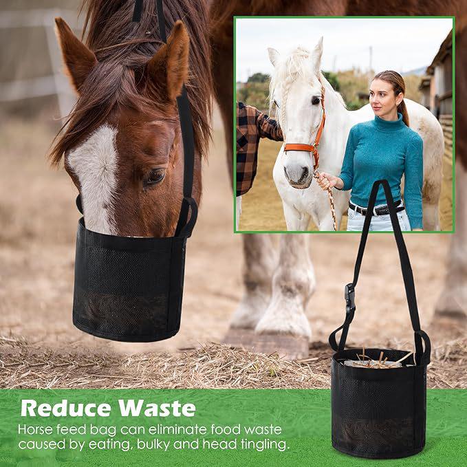 Adjustable Spill-Proof Horse Feed Bag with Mesh Slow Feeder Design
