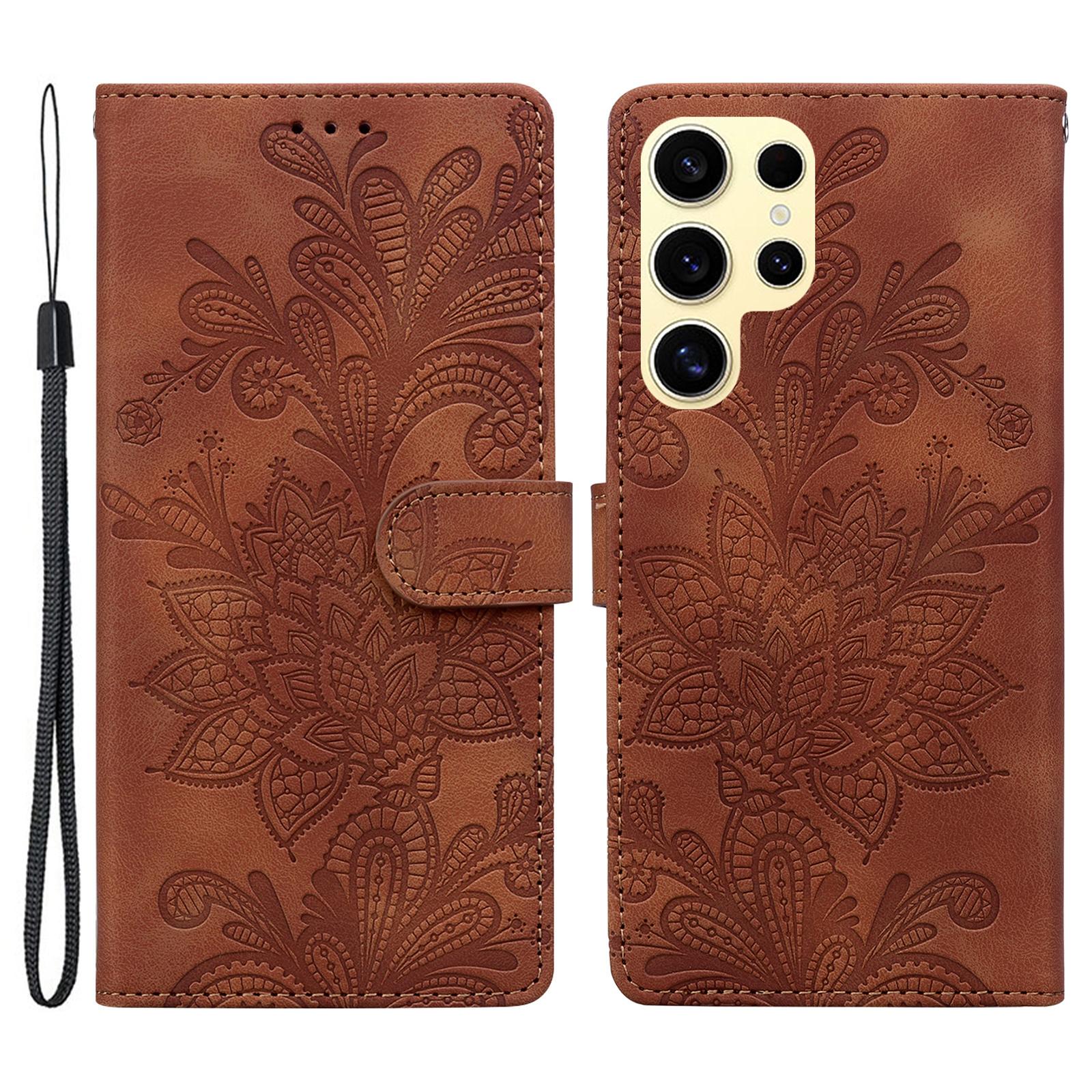 

Для Samsung Galaxy S25 Ultra Чехол Тисненые Кружевные Цветы PU Кожа Кошелек Чехол для Телефона Brown