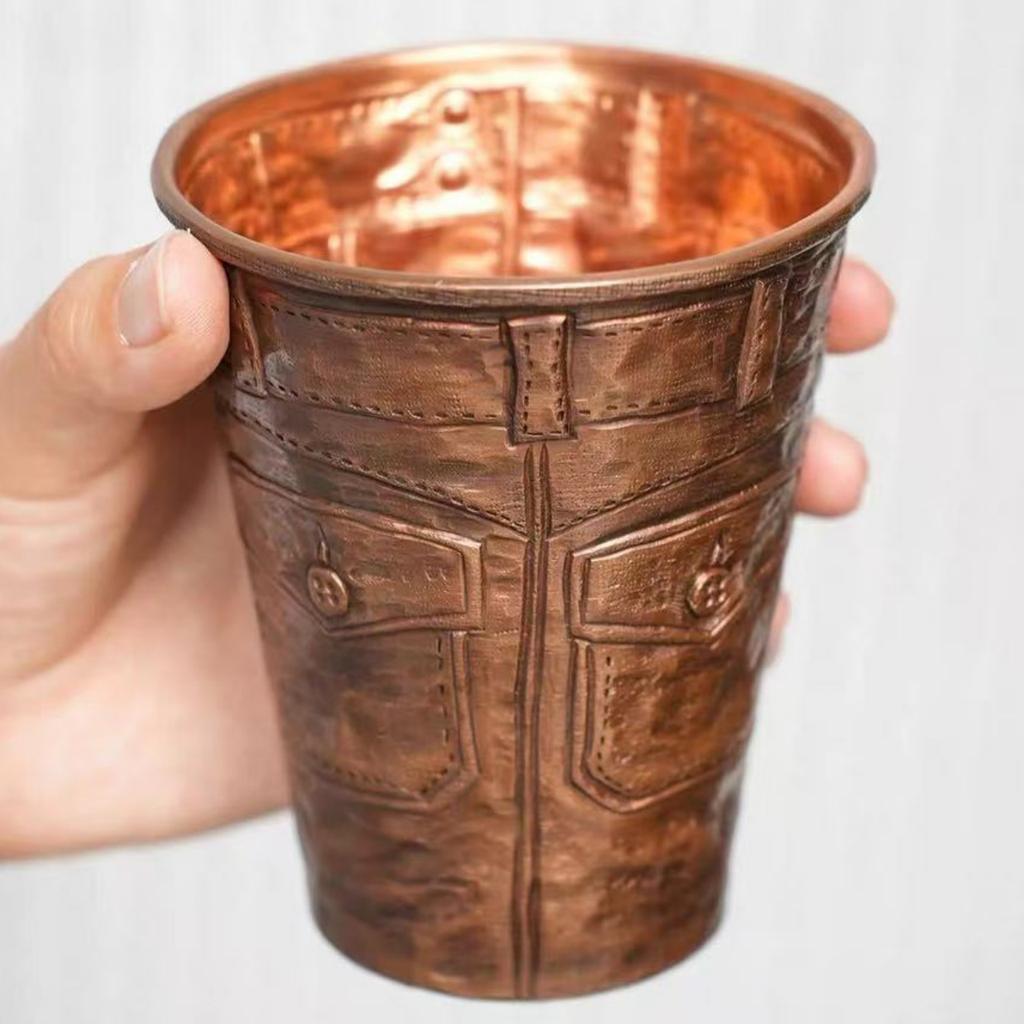 Vintage Pure Copper American Coffee Mug,Engraving Jeans Shape Texture Drinking Beer Beverage Outdoors Mug,Straight-Sided Tea Cup
