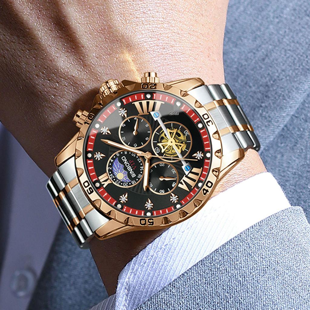Binbang BINBOND Men's Luminous Waterproof Quartz Flywheel Watch - Genuine Business and Student Style, High-End Design.