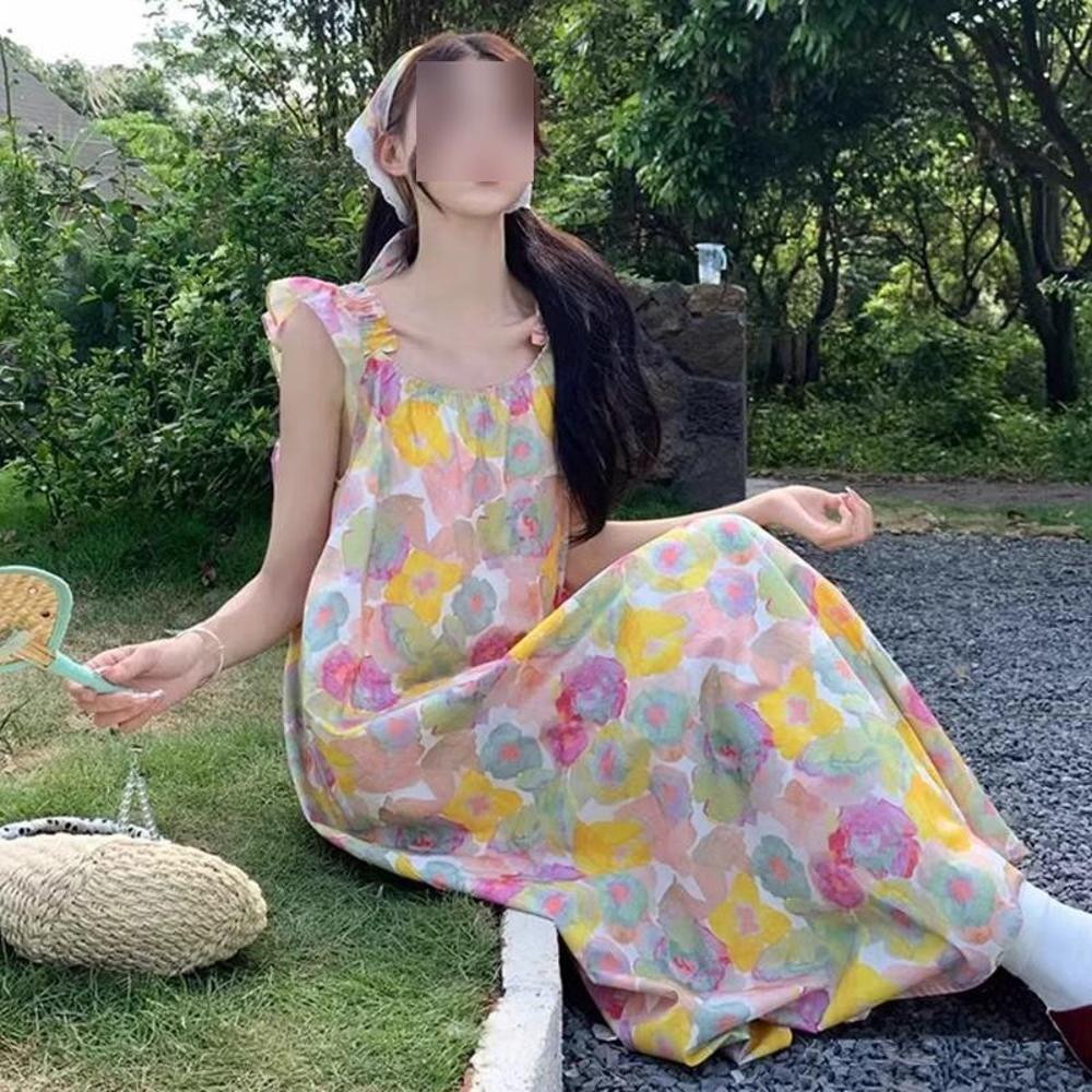 Retro Oil Painting Floral Dress Women's Summer New Loose and Thin Beautiful Japanese Seaside Vacation Temperament Skirt