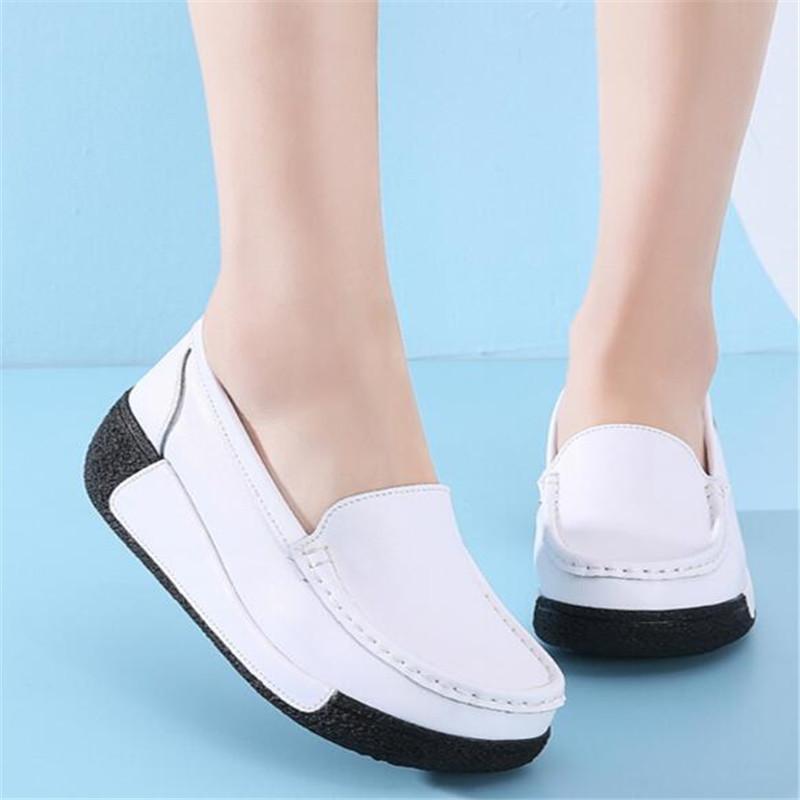 Fashion New Fashion Casual Women's Shoes Flat Genuine Leather White Nurse Shoes Women Platform Wedges Shoes