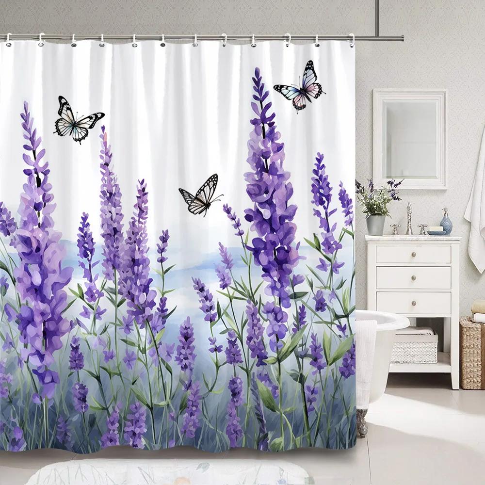 Purple Lavender Shower Curtain Fluttering Butterfly Botanical Flower Watercolour Art Painting Shower Curtain Bathroom Decoration