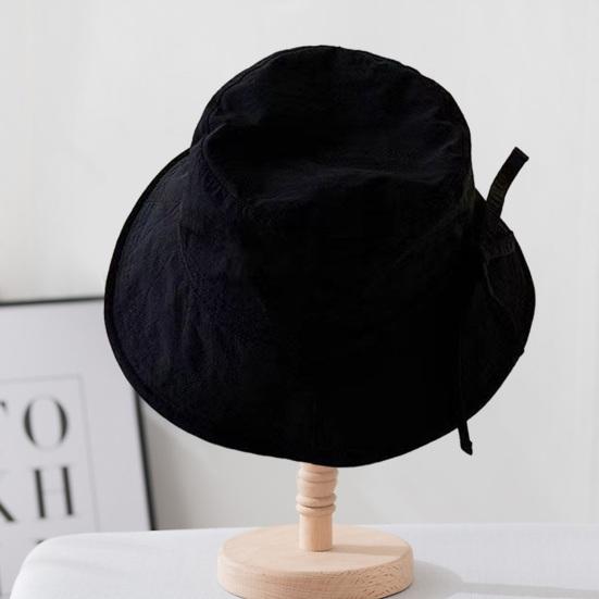 Women Fisherman Hat Lace Up Windproof Fixed Strap Wide Brim Solid Color Sunshade Anti-UV Flat Top Soft Breathable Foldable Basin Hat Lady Summer Cap