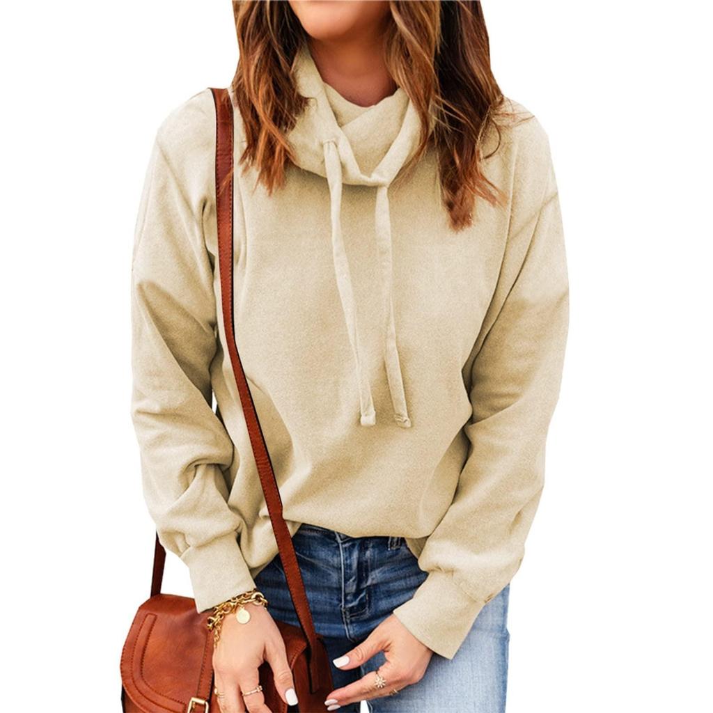 Women's Fashion Casual Long Sleeve Solid Color High Neck Drawstring Sweatshirt