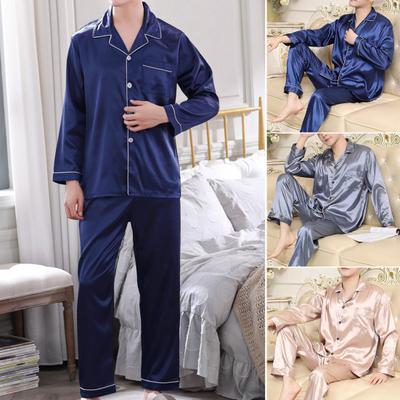 2 Pcs/Set Men Pajamas Set Satin Lapel Long Sleeve Single-breasted Patch Pocket Elastic