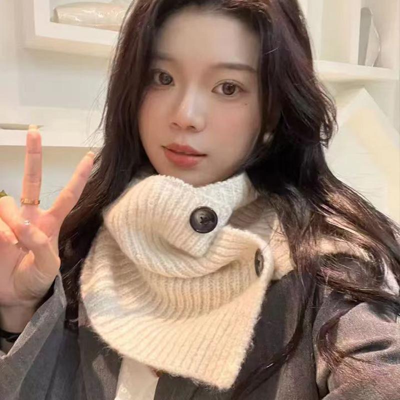 Korean Style Button Scarf Women Autumn And Winter Retro Warm Neck Collar Knitted Shawl Dual-Purpose Cold-Proof Scarf