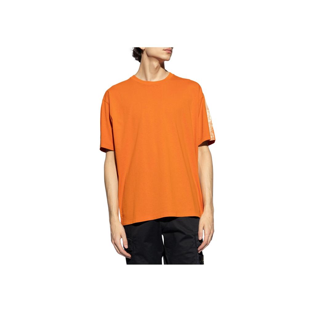 STONE ISLAND Gładka Koszulka z Nadrukiem Logo, Okrągłym Dekoltem, Obniżonymi Ramionami i Krótkim Rękawem, Męskie Bluzki, Pomarańczowa, 80152RC85-V0032