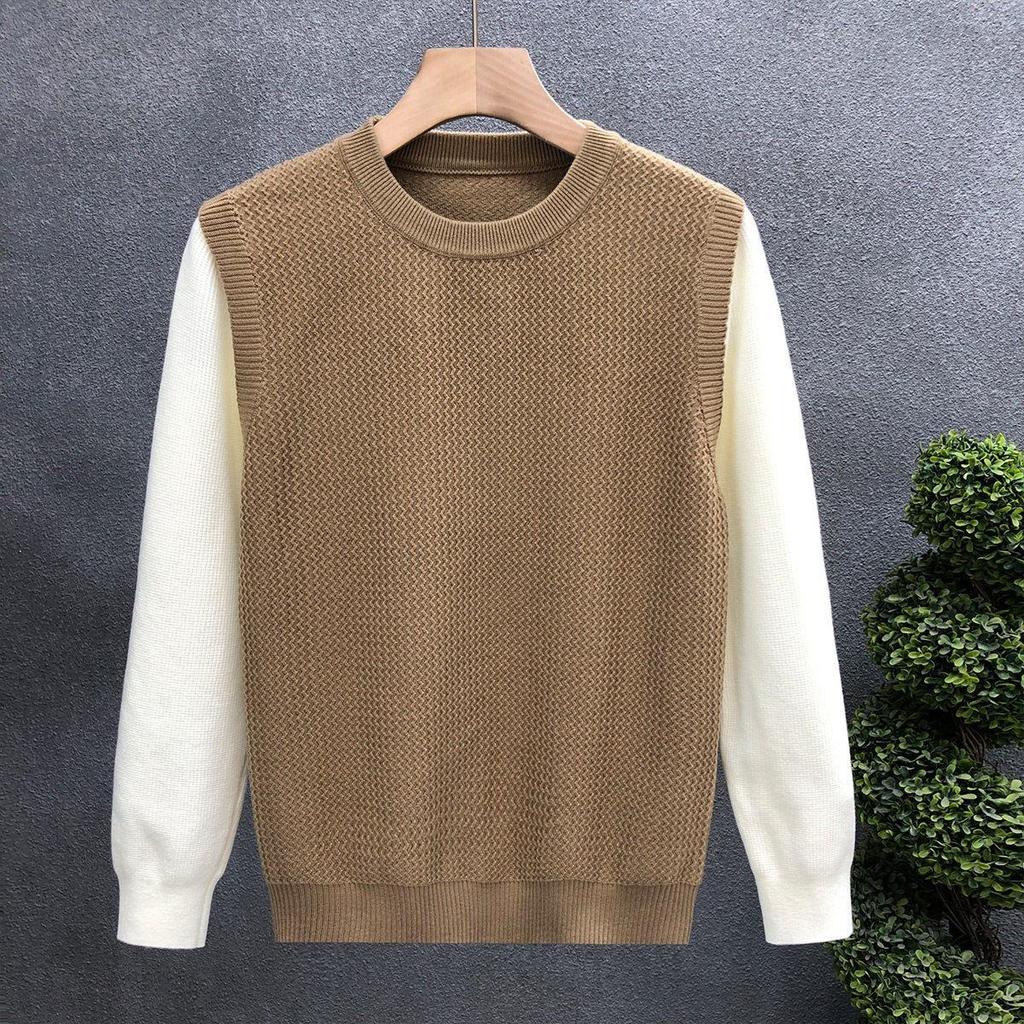 Autumn/Winter 2025 Men's Color Block Patchwork Two-Piece Look Knit Pullover Sweater