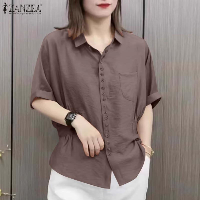 ZANZEA Women Casual Turn Down Collar Summer Short Sleeve Blouse
