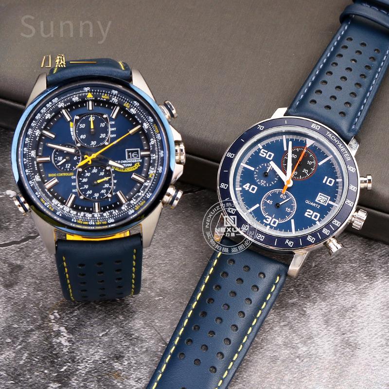 For Citizen Blue Angel 22 23mm Steel Needle Buckle Yellow Line Air Eagle At8020 Jy8078 Men's Arc Genuine Leather Watchbands