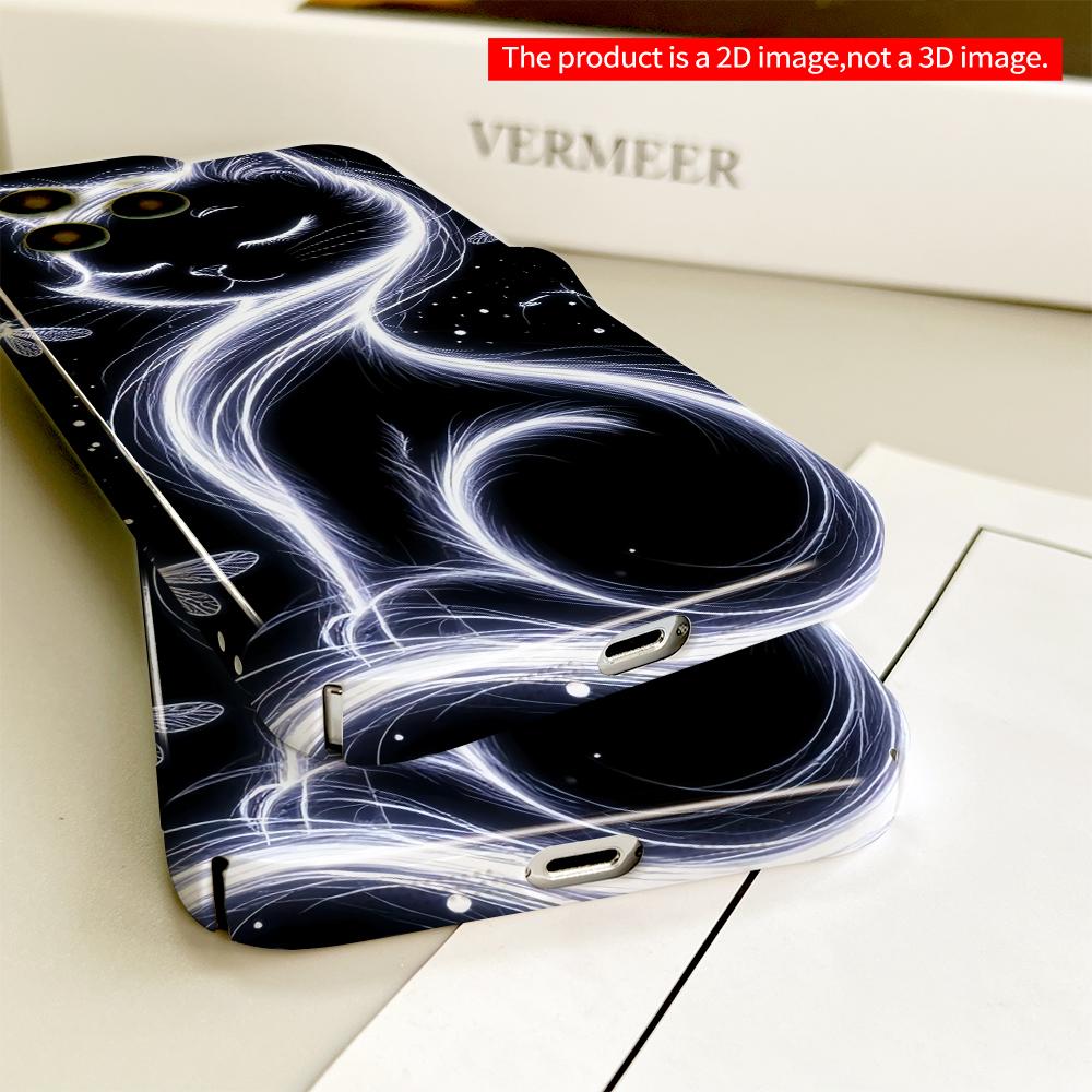 2DFlat Glowing White Cat & Fireflies Night Art Phone Case All Inclusive Film Hard Phone Case, Compatible with iPhone 18 Pro Max 17 16 15 14 13 12 11
