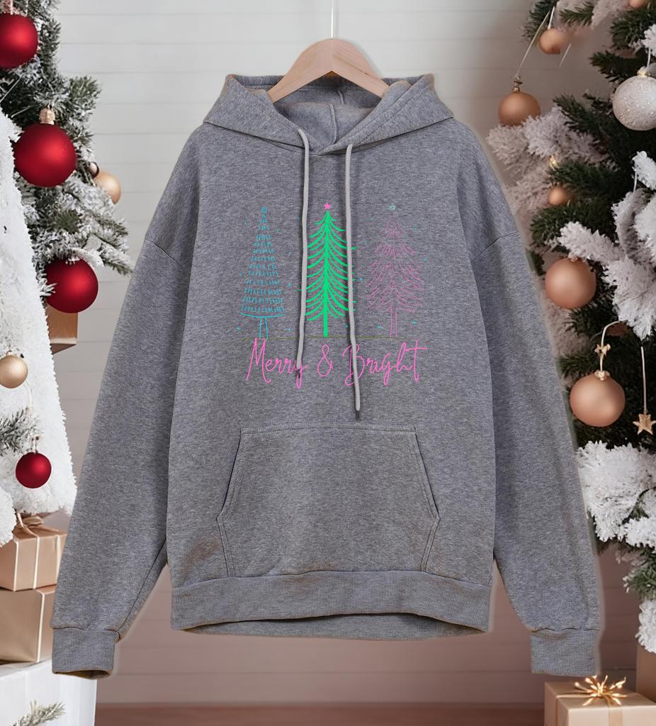 Merry Bright Christmas Trees Printing Men Hoodies Loose Casual Hoody Autumn Fleece Streetwear All-Match Pocket Pullovers