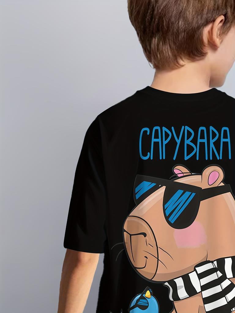 2pcs boys' set - fashionable 3D printed casual pullover - round neck cartoon capybara themed sports shirt - suitable for spring, summer