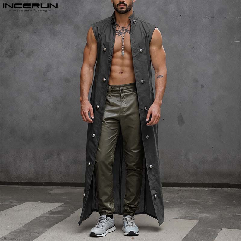 INCERUN Men Satnd Neck Sleeveless Open Front Decorative Buttons Casual Long Cardigan