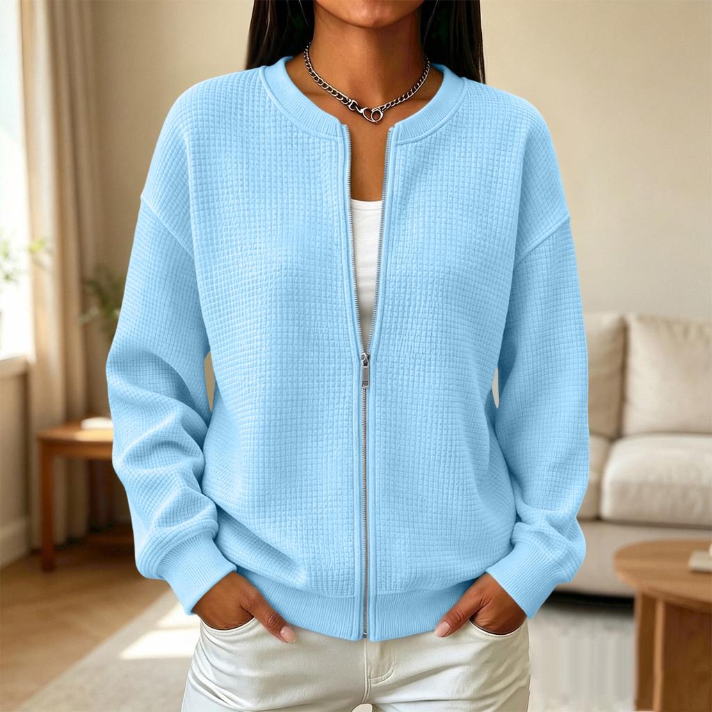 Damen Langarm Strickjacke mit Reißverschluss und Rundhalsausschnitt für Herbst und Winter