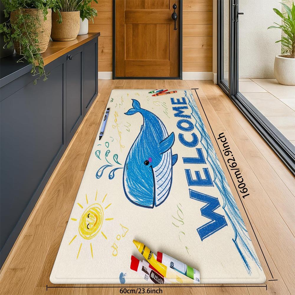 Whale Welcome Design Doormat Childlike Painting Style Blue Whale Sun Crayon Non-slip Entrance Living Room Machine Washable