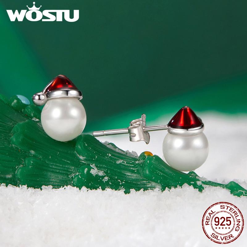 WOSTU 925 Sterling Silver Christmas Snowman Pearl Stud Earrings Xmas Red Hat Reindeer Ear Buckles New Year Jewelry Holiday Gift