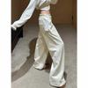 Beige Straight Leg Women's Sweatpants with Zippered Pockets - Spring/Autumn Wide Leg Casual Pants