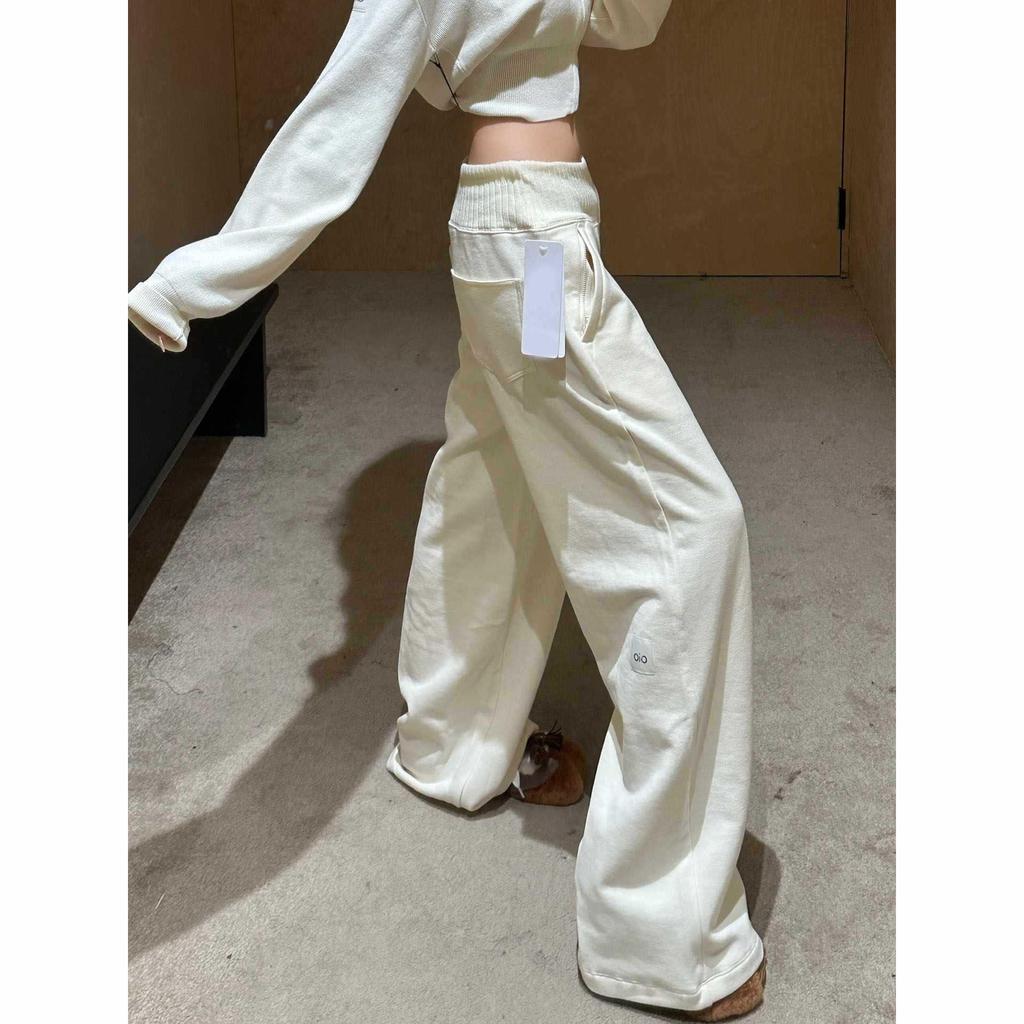 Beige Straight Leg Women's Sweatpants with Zippered Pockets - Spring/Autumn Wide Leg Casual Pants