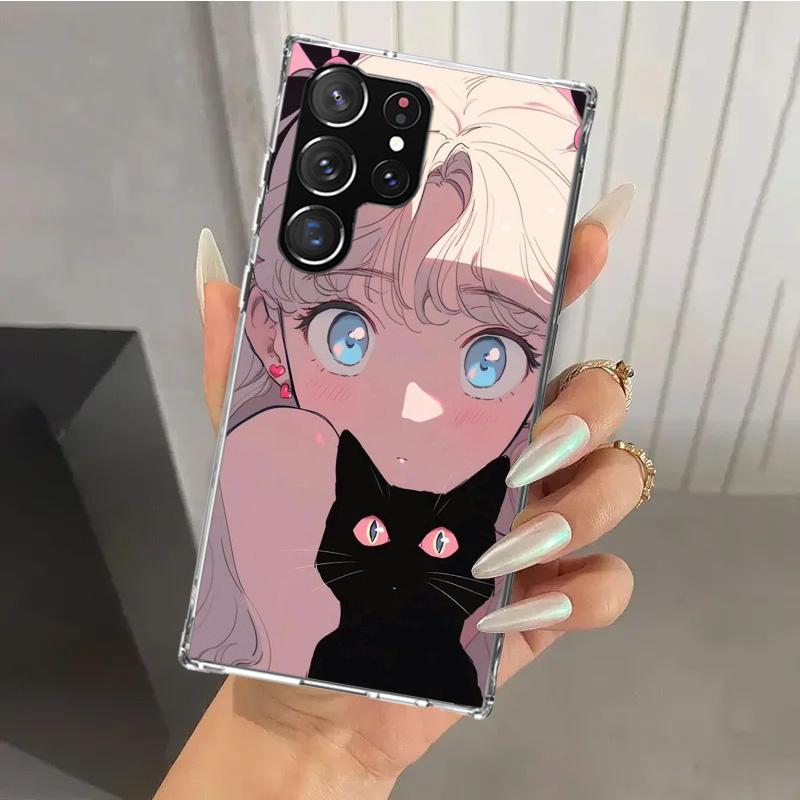 Anime Girls Cute Black Cat Phone Case for Samsung Galaxy S26 S24 S23 Ultra S25 Edge S22 S21 Plus S20 FE + Soft Print Shell Funda