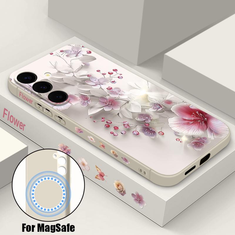 Pink White Flower Pattern Case For Samsung Galaxy S25 Ultra S24 S23 S22 Plus S21 S25 FE Magnetic For Magsafe Soft Silicone Cover