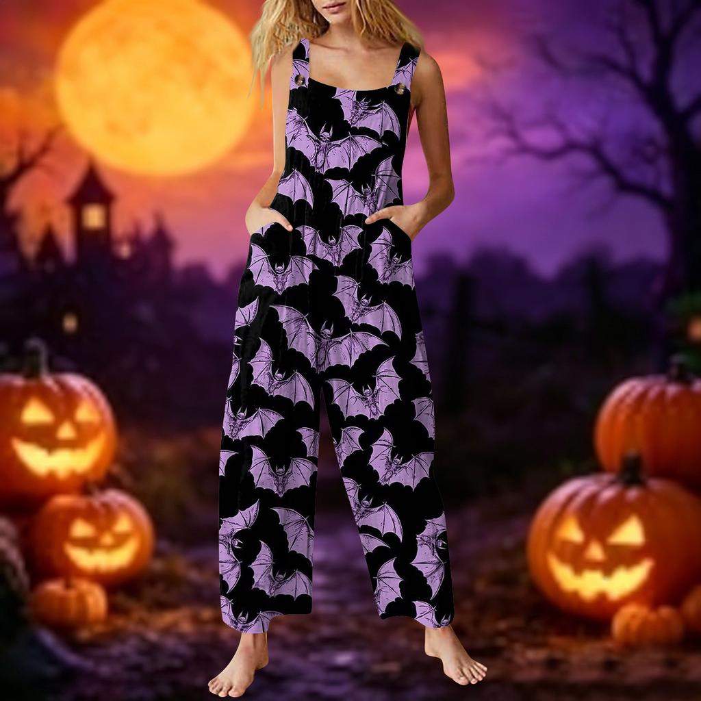 Sleeveless Casual Jumpsuit for Women Cotton One Piece Romper Loose Fit Wide Leg Halloween Print Overall