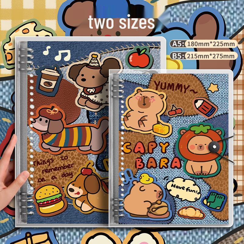 High-Value Denim Loose-Leaf Notebook, B5/A5 Detachable Iron Ring, Cartoon Design for Students