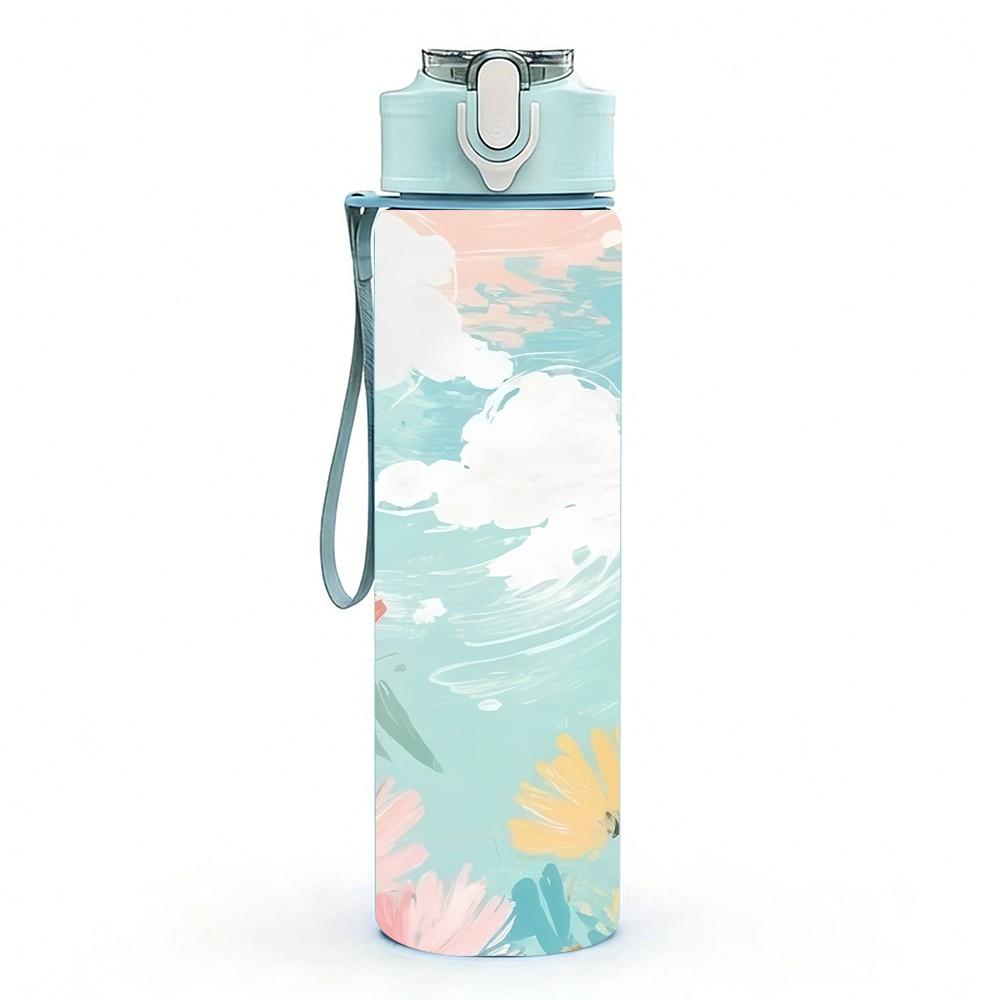 1PC Soft Sky Cloud Pastel Floral Print 750ml Color Plastic Sports Water Bottle Leakproof Flip Straw Lid Suitable for Sports Office Home Use