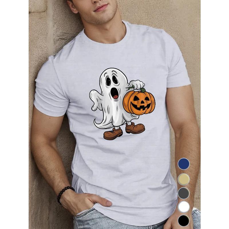 European Size Men'S Halloween Pumpkin Ghost T-Shirt, Casual Crew Neck Short Sleeve Top,Knit Fabric, Slight Stretch, Regular Fit,Summer Season - 150gsm
