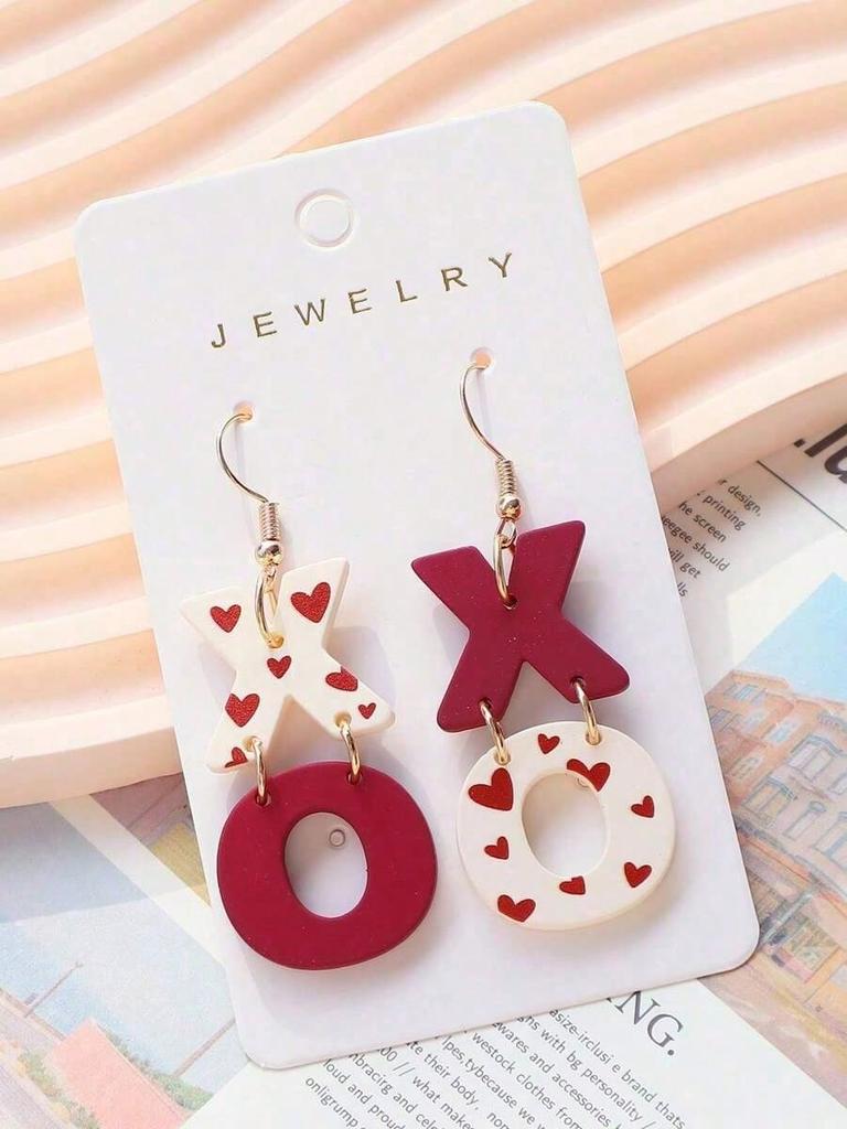 1 Pair Painted XO Heart Print Earrings, Elegant & Sexy Earrings, Soft Ceramic Texture, Valentine's Day Gift
