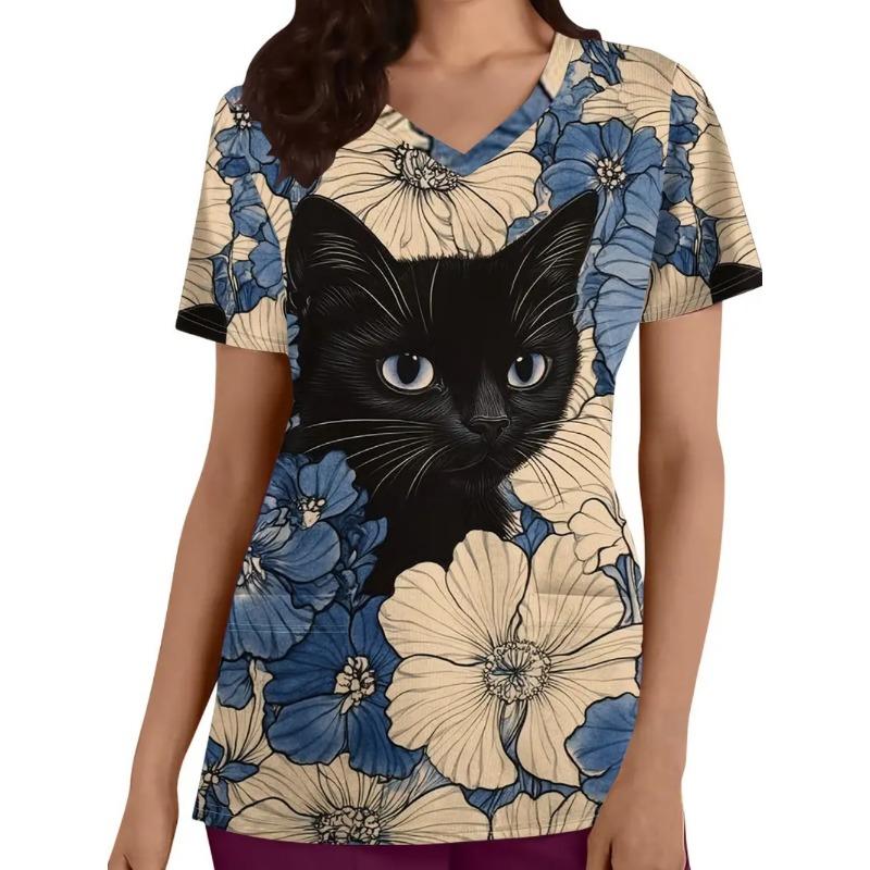 Woman Cute Cat Pattern Print V-Neck Short Sleeve Nurse Uniform Tops Comfortable with Pockets Medical Clothes