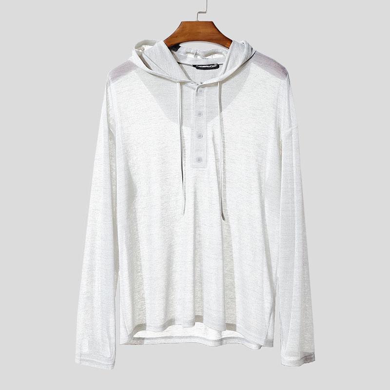 INCERUN Oversized Men Long Sleeve Transparent Loose Drawstring Hooded Tops T-shirts