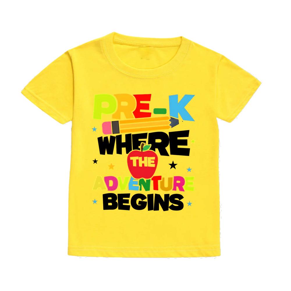PRE-K WHERE THE ADVENTURE BEGINS Shirts Happy First Day of School Funny Tee Summer Casual Short Sleeved T-shirt