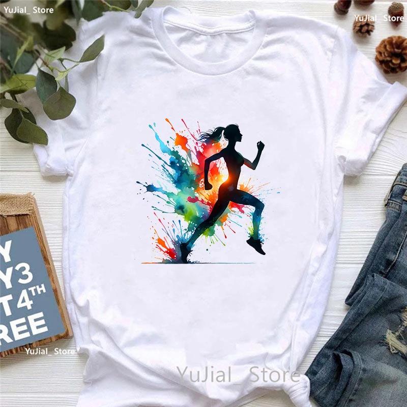 Colorful Running Girl Printed T Shirt Unisex Clothes 2024 Summer Fashion Tops Tee Shirt Femme Love Sports Tshirt Female