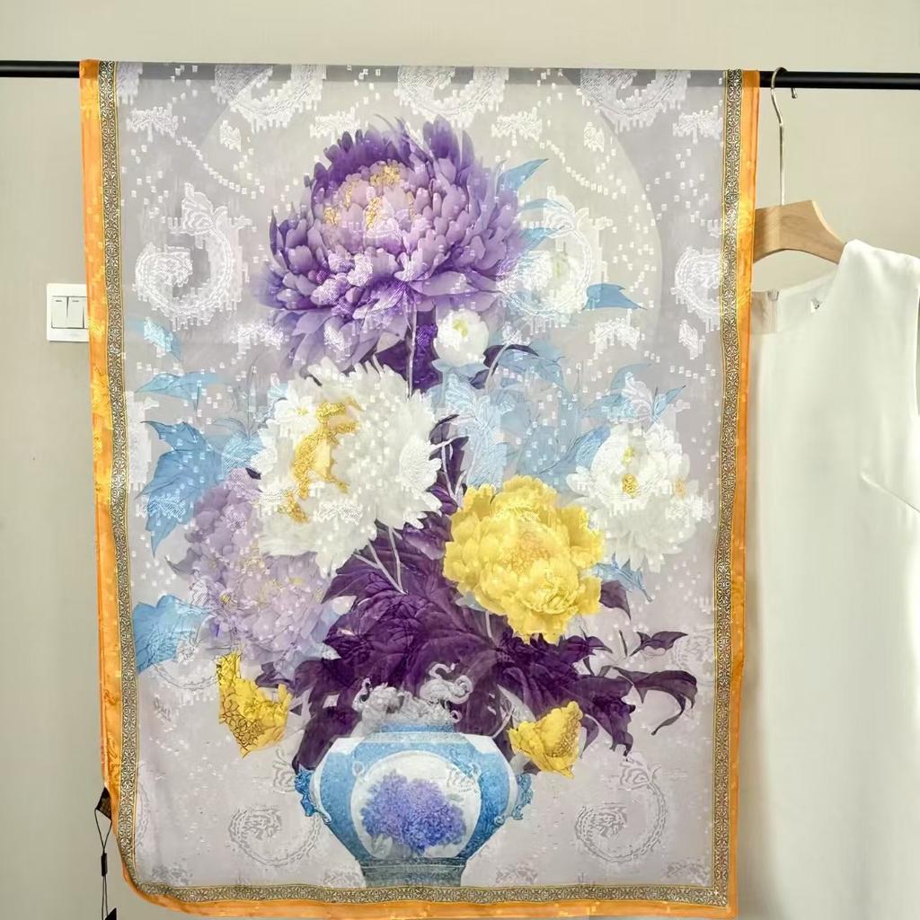 Cut Flower Silk Scarves, Women'S Summer Thin Styles, Send Mother Shawls, Middle-Aged And Elderly Scarves, Travel Photos, Beach Towels