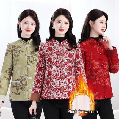 Women's Slim Fit Cotton-Blend Jacket: Autumn/Winter National Style, Warm Mid-Age & Elderly Mother's Coat with Plus Velvet.