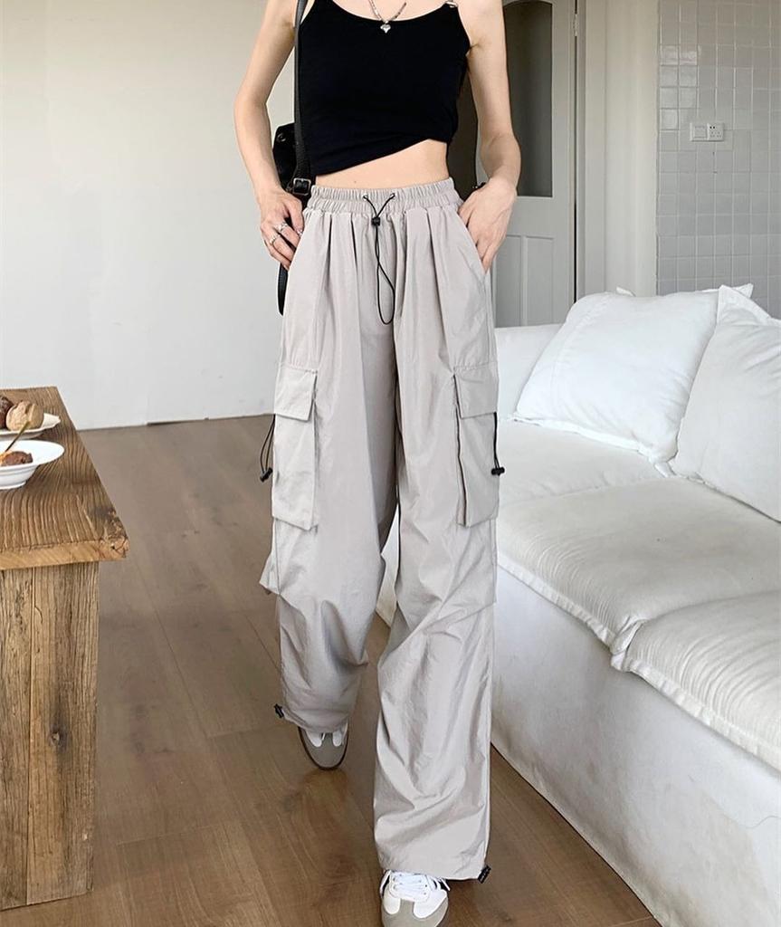 YK Harajuku Vintage Straight Pocket Pleated High Street Hip Hop Casual Parachute Pants Loose Tooling Wide Leg Trousers