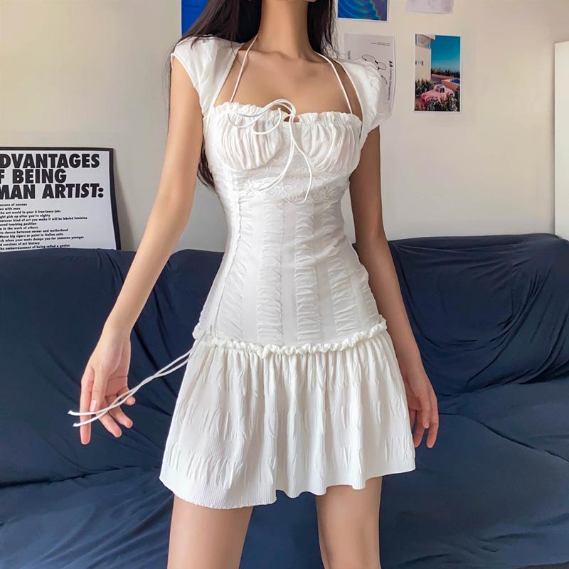 Summer White Lace Sweet Sexy Dress Women Square Neck Slim Fit Ruffled Pleated Casual Dress Short Sleeve A-line Party Club Dresses Female 1082