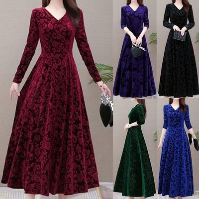 Ny damemote Høst Vinter Langermet Elegant One Piece Solid Colour Velvet Dress
