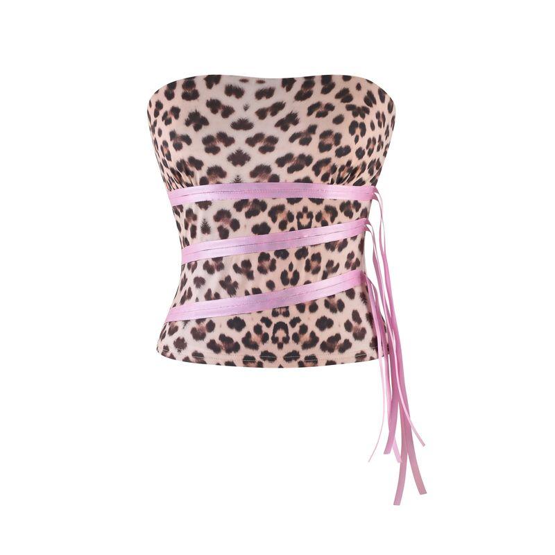 

Iamgia Fashion Sexy Leopard Print Sexy Sleeveless Pink Ribbon Cross Tube Top Tight Crop Top Summer Tops Image color XS